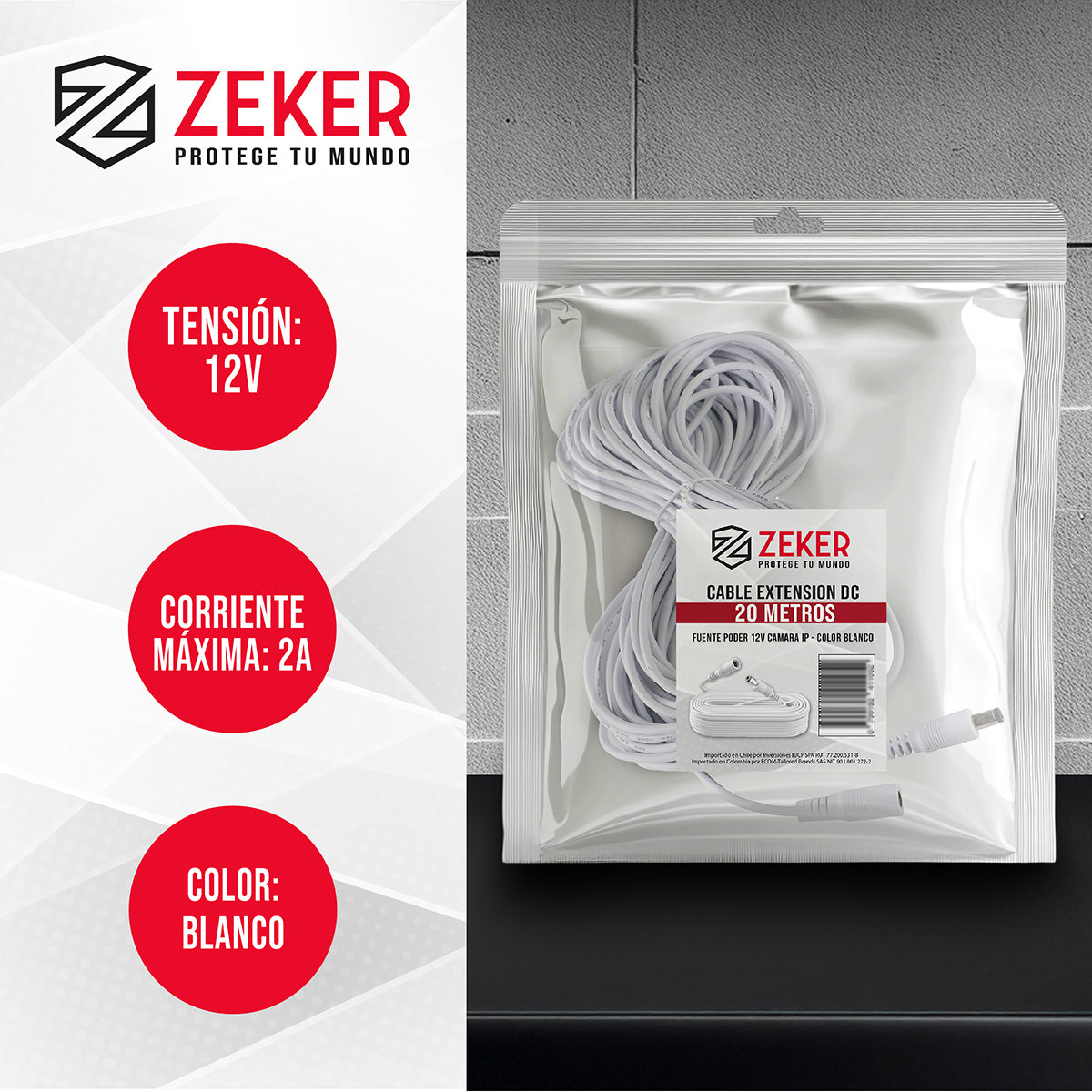 Cable Camara Seguridad Zeker Extensor Universal 20 Mts 12v