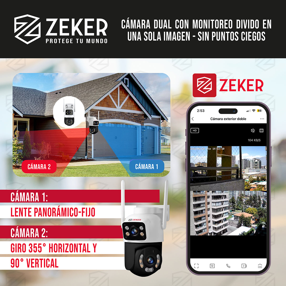 Camara De Seguridad 2.4g Zeker Doble 6mp Exterior Impermeabl