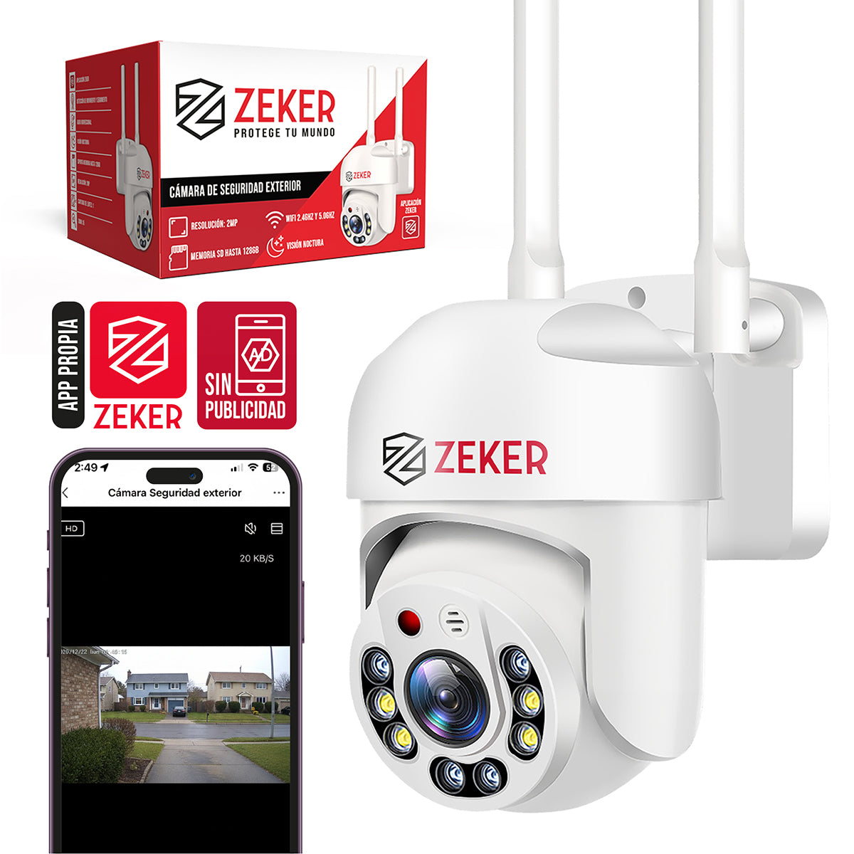 Cámara de Seguridad Exterior PTZ 2MP WiFi 2.4GHz Zeker