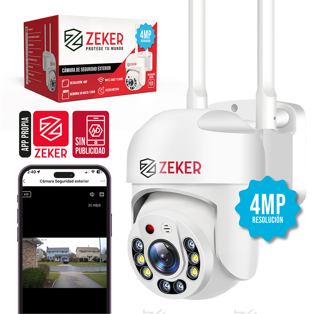 Cámara de Seguridad Exterior PTZ 4MP WiFi 2.4GHz Zeker