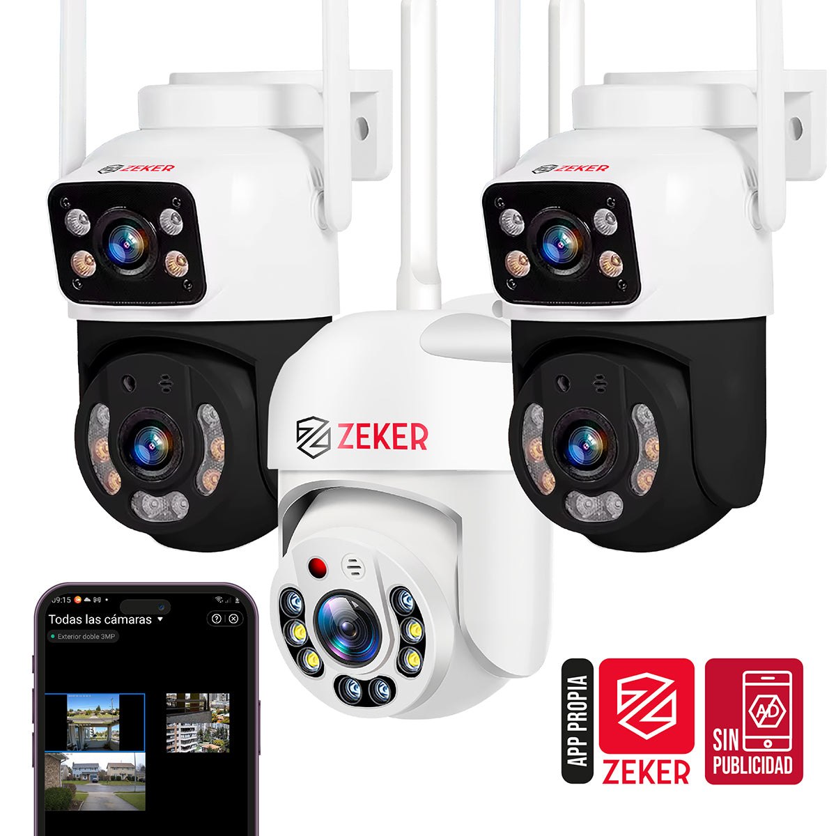 Kit 3 cámaras seguridad doble lente 4MP WiFi Zeker puntos ciegos