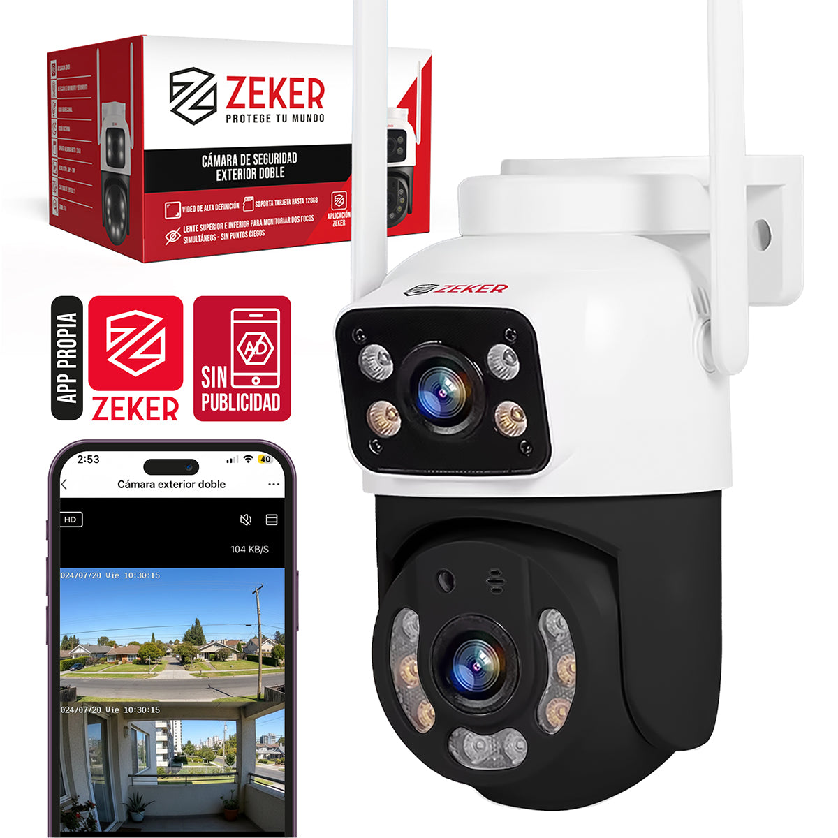 Cámara de Seguridad Exterior Doble Lente 4MP Wifi 2.4Ghz Zeker
