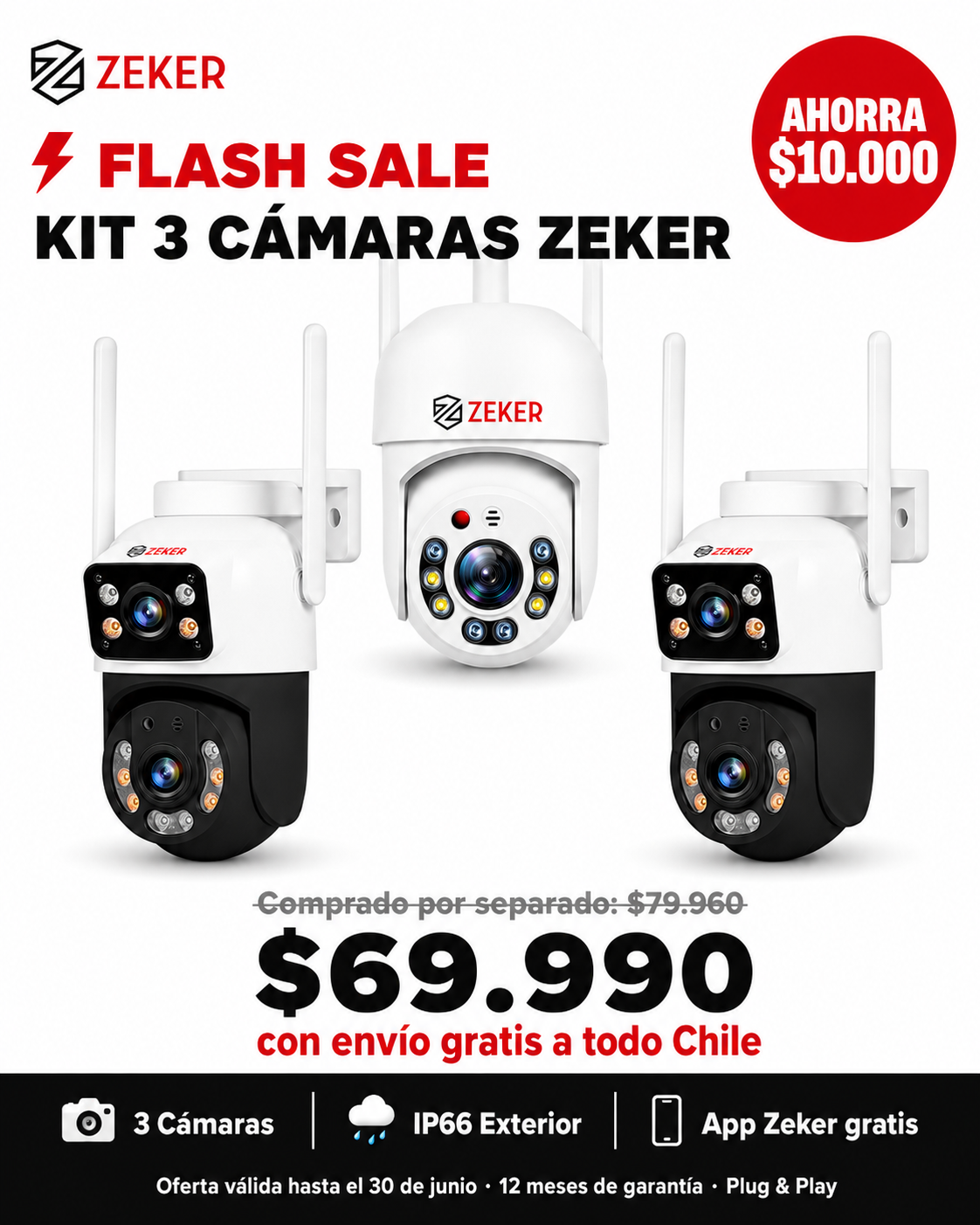 Kit 3 Cámaras de Seguridad Puntos Ciegos 2MP Wifi 2.4Ghz Zeker