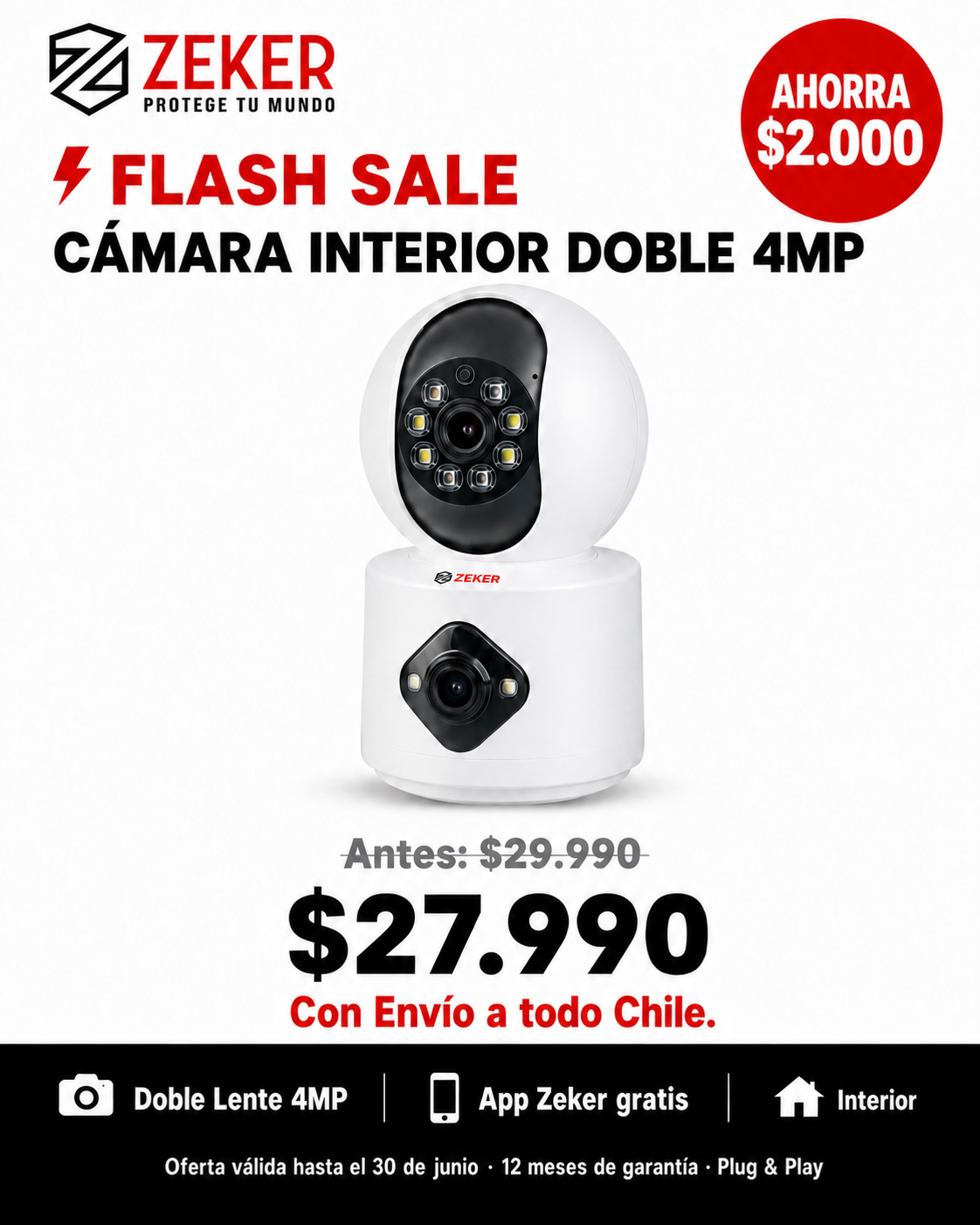 Cámara De Seguridad Interior Doble 2MP Wifi 2.4GHz Zeker
