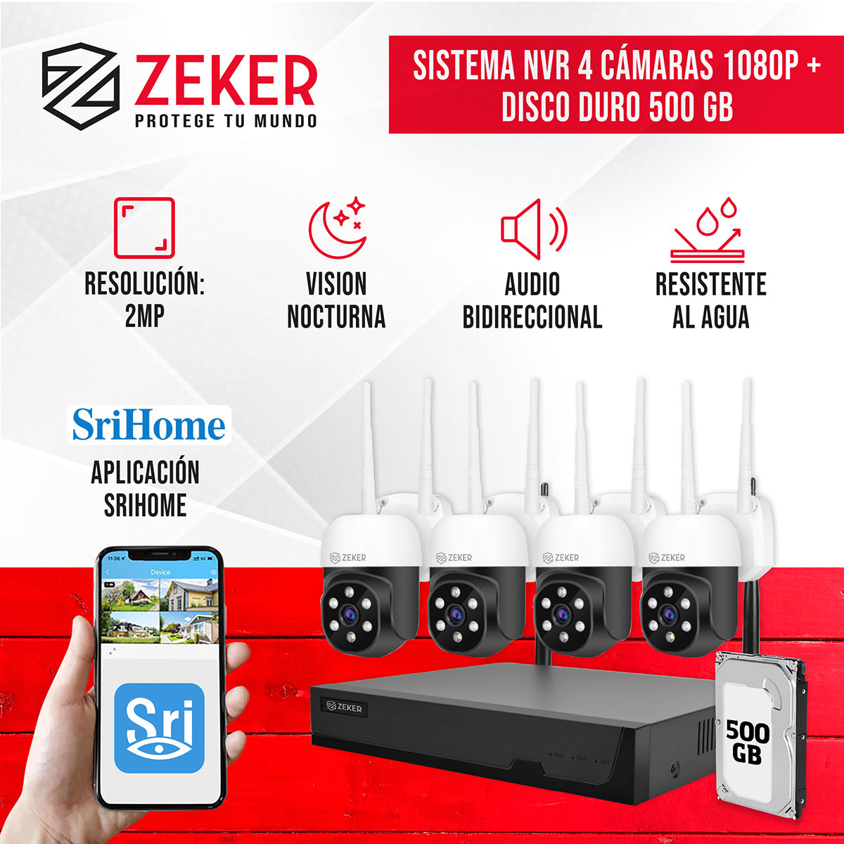 Kit NVR 4 Cámaras PTZ 2MP + Disco Duro 500GB Zeker