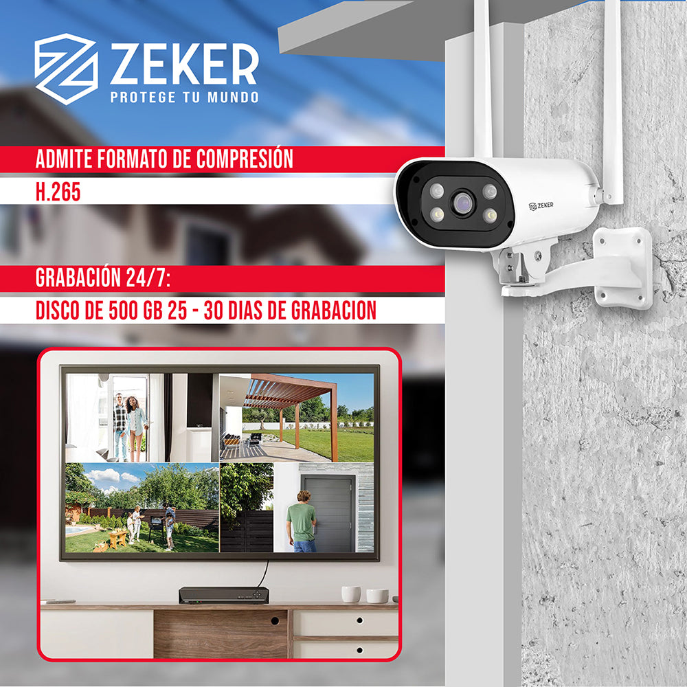 Kit NVR 4 Cámaras Bullet 2MP + Disco Duro 500GB Zeker
