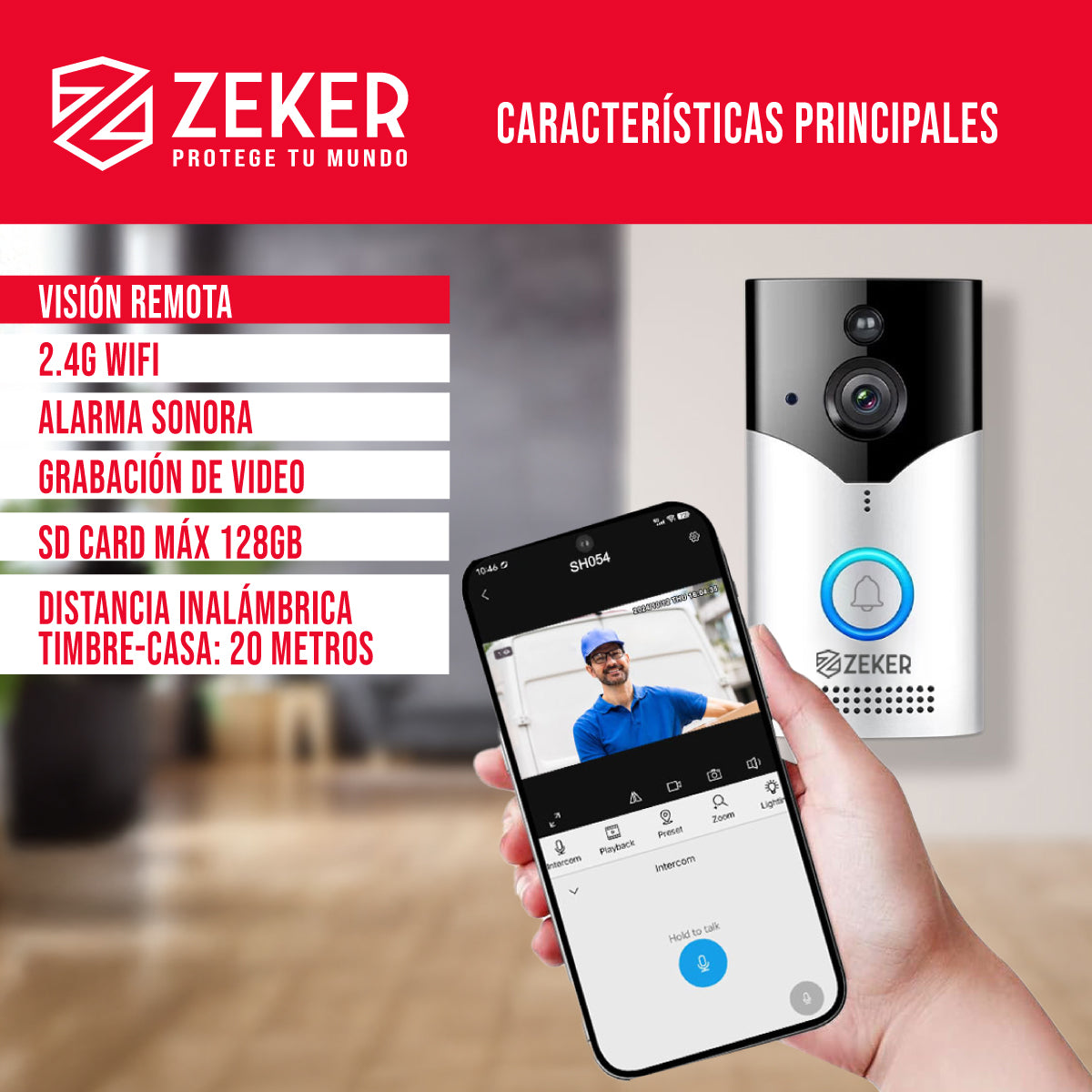 Timbre Inalámbrico Inteligente con Cámara 2MP Wifi 2.4Ghz Zeker