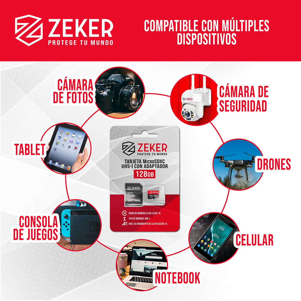Tarjeta Micro Sd Memoria 128 Gb Zeker 100mbps Adaptador SD