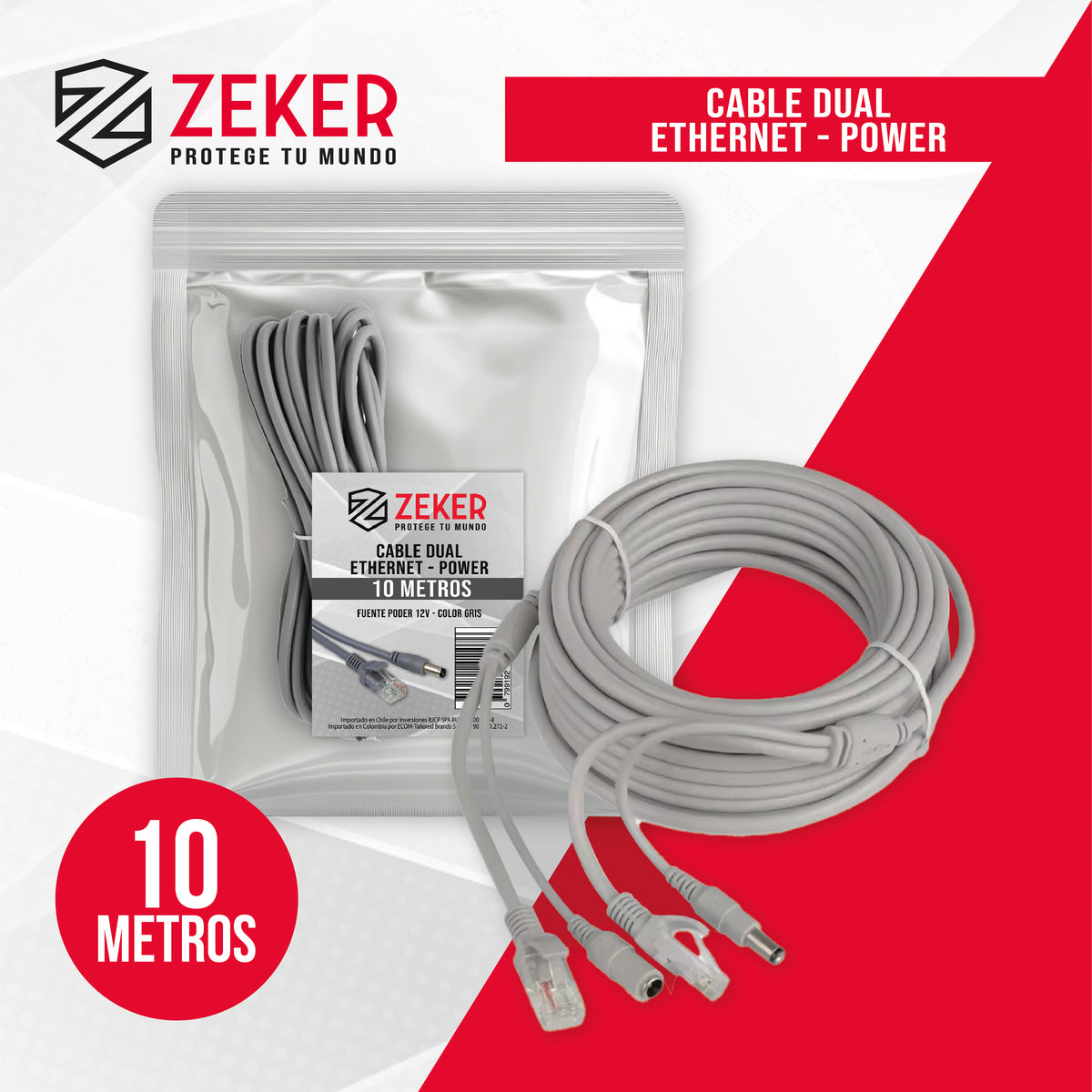 Cable Camara Seguridad Zeker Dual Extensor 10M Dc + Ethernet