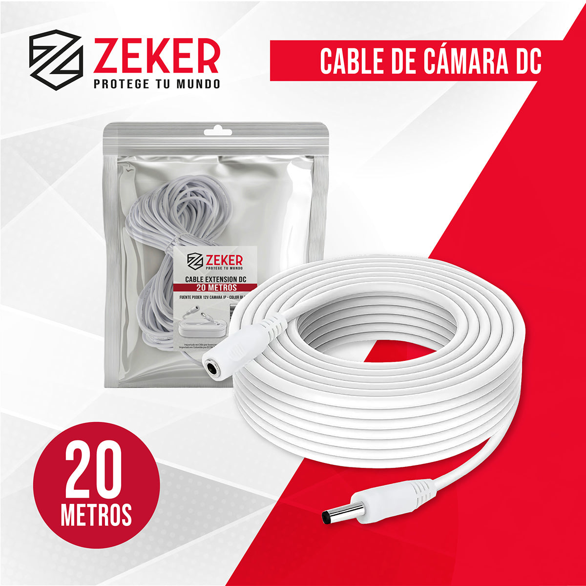 Cable Camara Seguridad Zeker Extensor Universal 20 Mts 12v