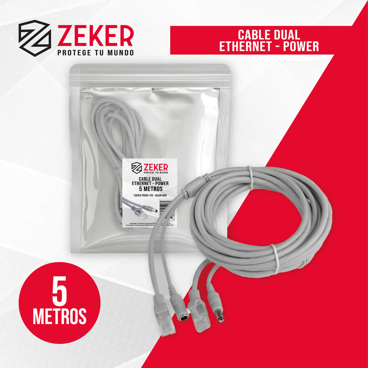 Cable Dual Camara Seguridad Zeker Extensor Poder Ethernet 5m