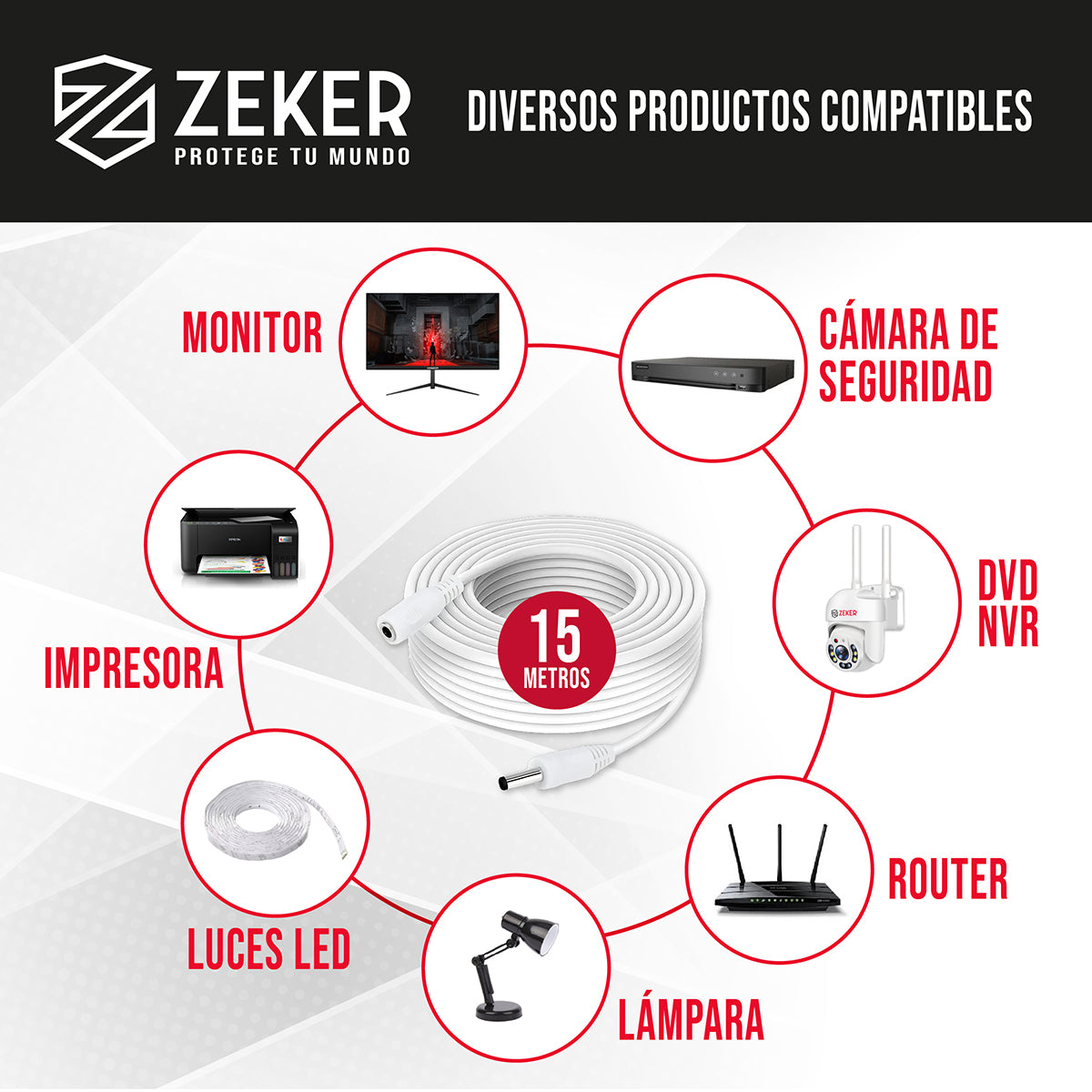 Cable Camara Seguridad Zeker Extensor Universal 15 Mts 12v
