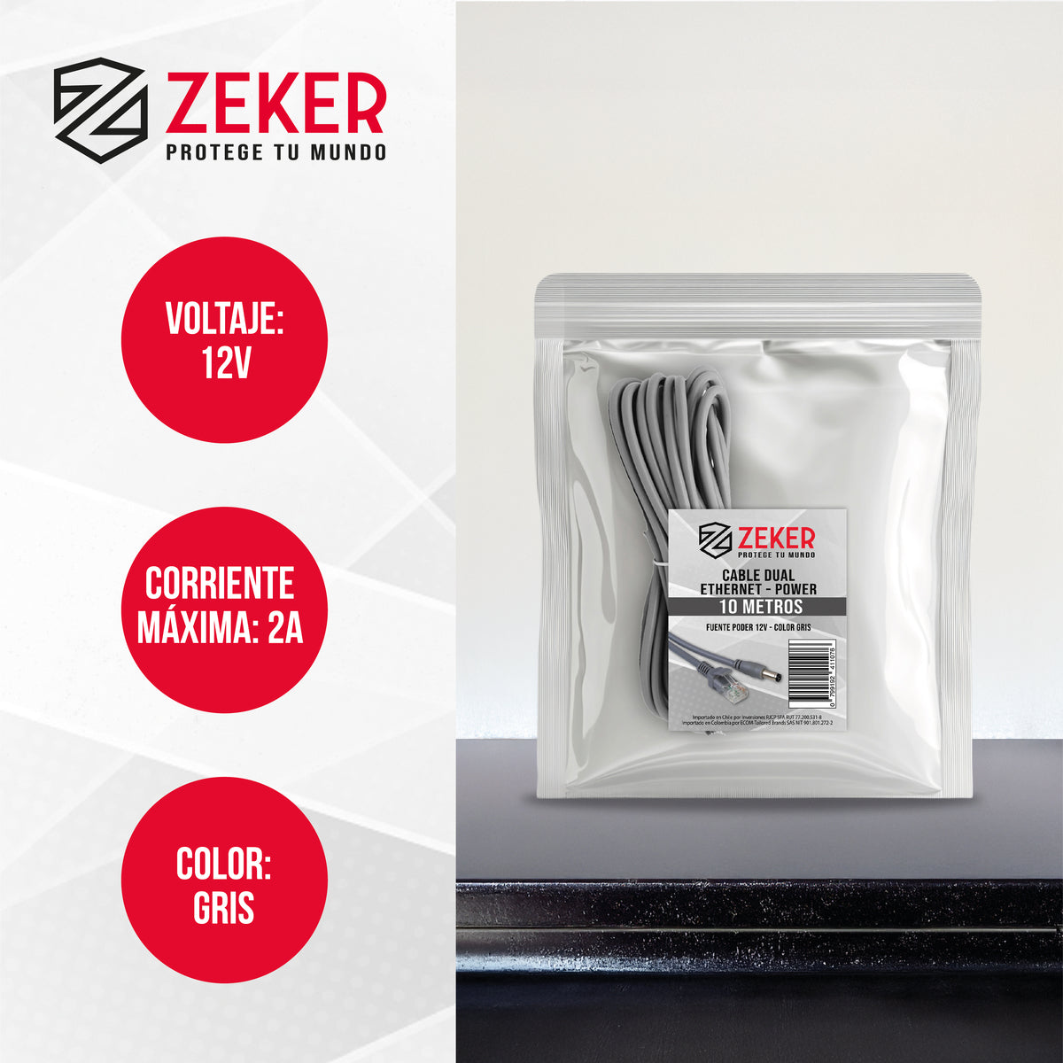 Cable Camara Seguridad Zeker Dual Extensor 10M Dc + Ethernet