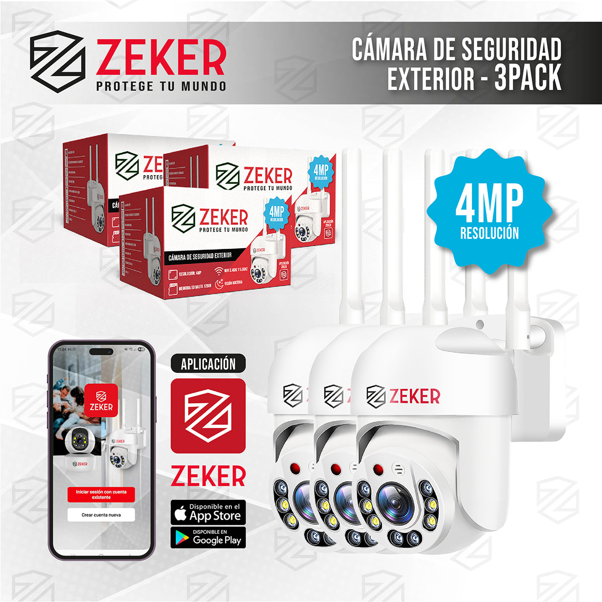 Pack X3 Camara De Seguridad Wifi Impermeable Zeker 4mp 2.4g