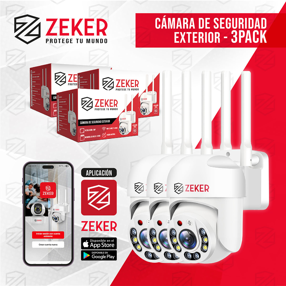 Pack x3 Cámara de Seguridad Wifi Impermeable Zeker 2MP 5G