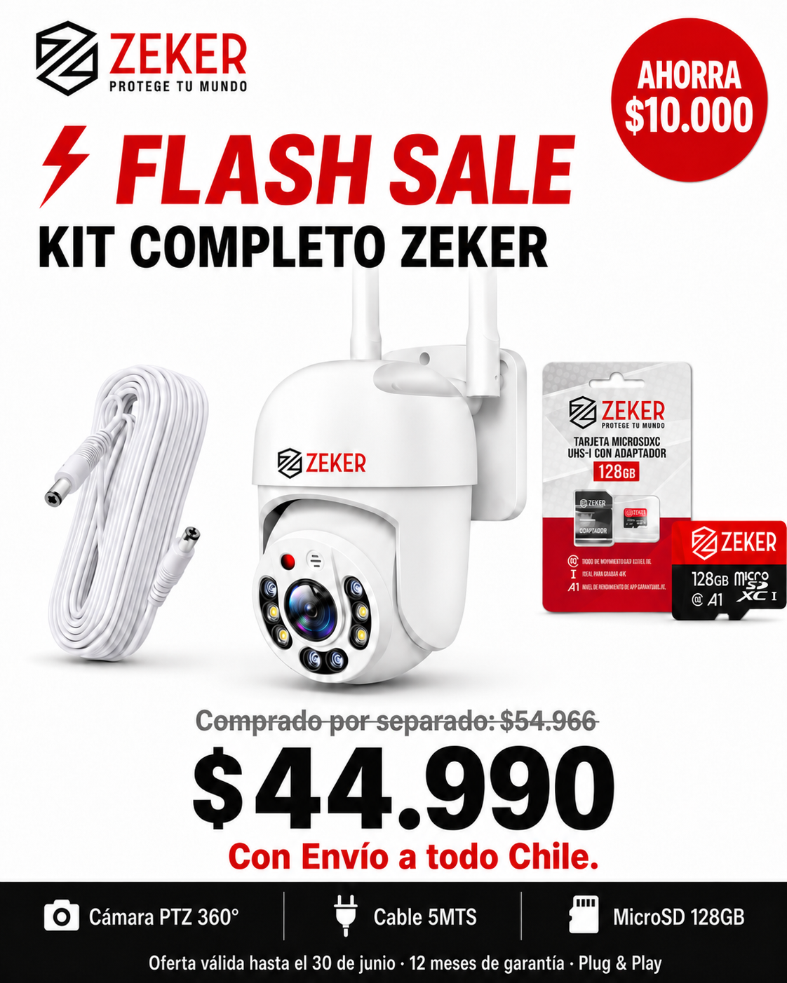 Kit Cámara PTZ 2MP + Cable 5MTS + MicroSD 128GB