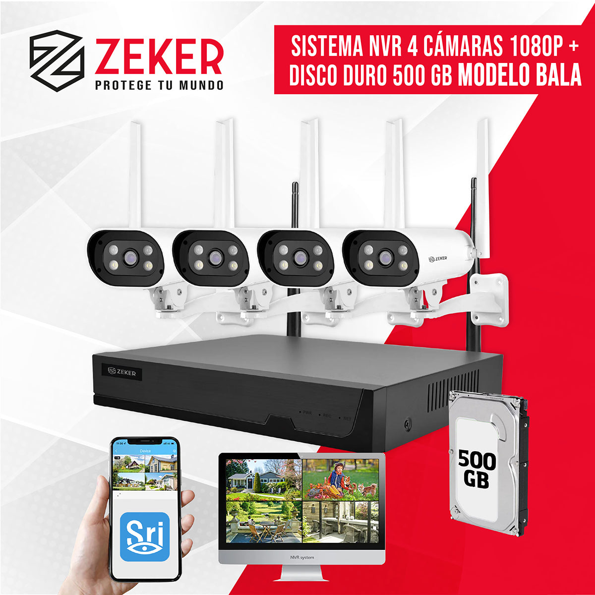 Kit Nvr Camaras Zeker Seguridad 1080p FHD + Disco Duro 500gb