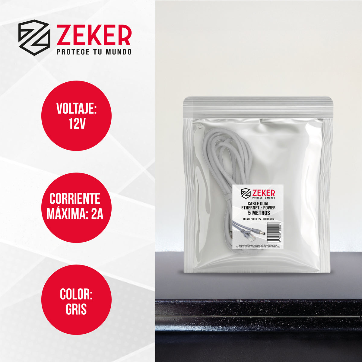 Cable Dual Camara Seguridad Zeker Extensor Poder Ethernet 5m