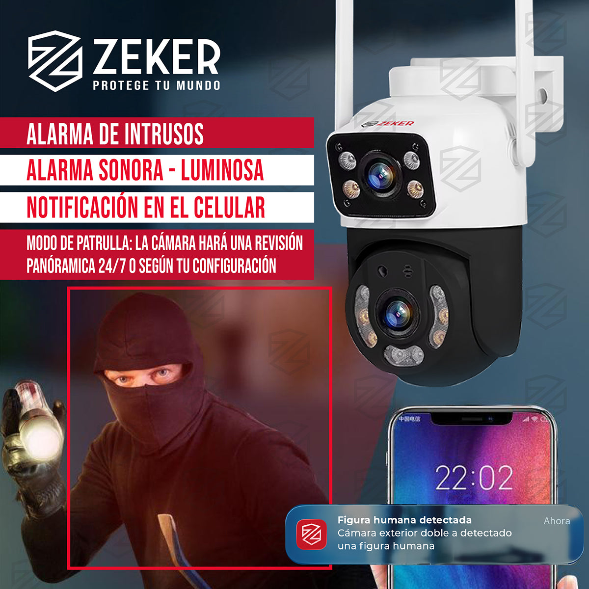 Camara De Seguridad 2.4g Zeker Doble 6mp Exterior Impermeabl