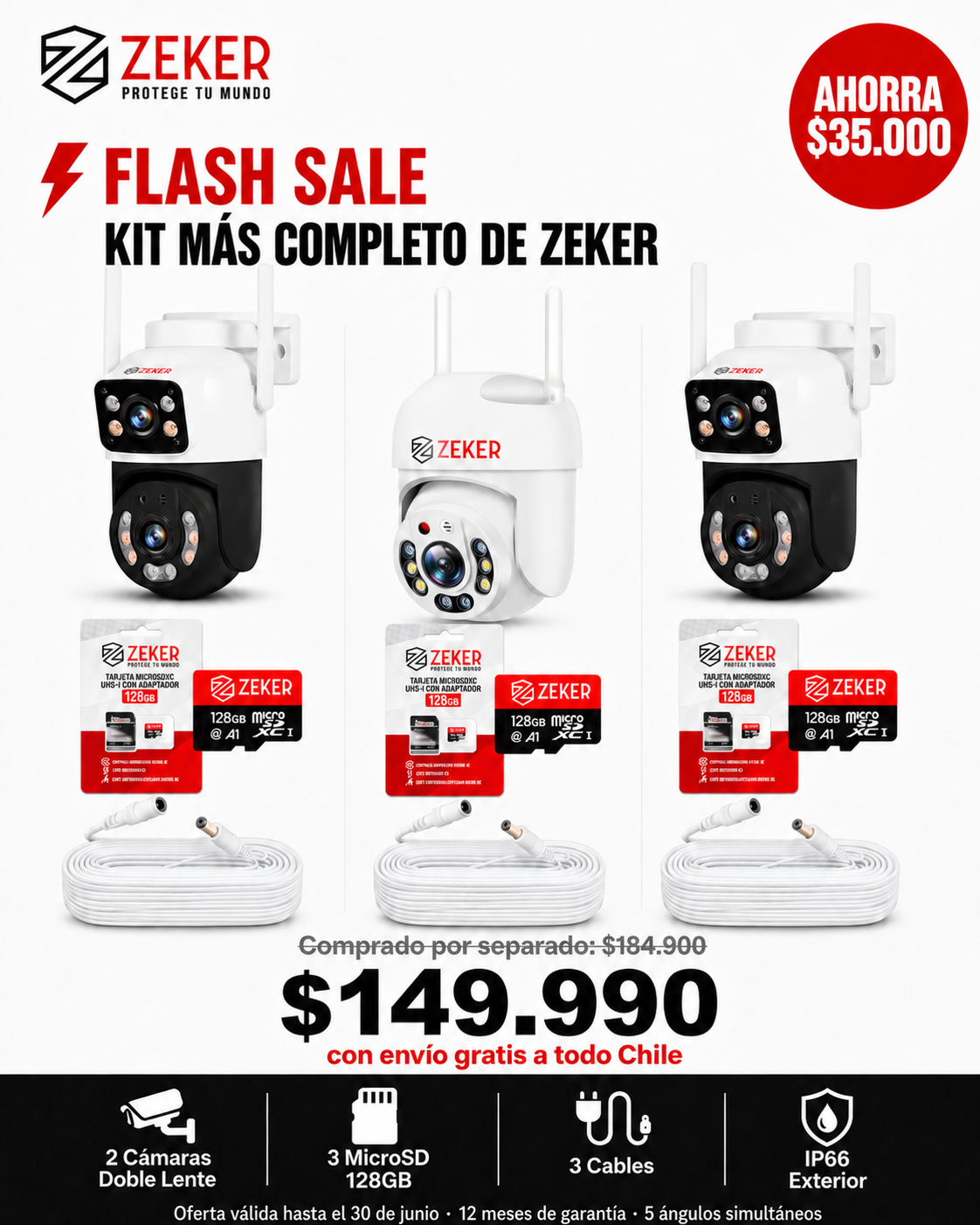 Kit 3 Cámaras Puntos Ciegos + 3 Cables 5MTS + 3 MicroSD 128GB