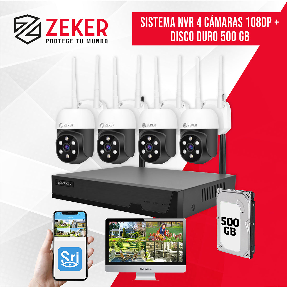 Kit Nvr Camaras Zeker Seguridad FHD 1080p + Disco Duro 500gb