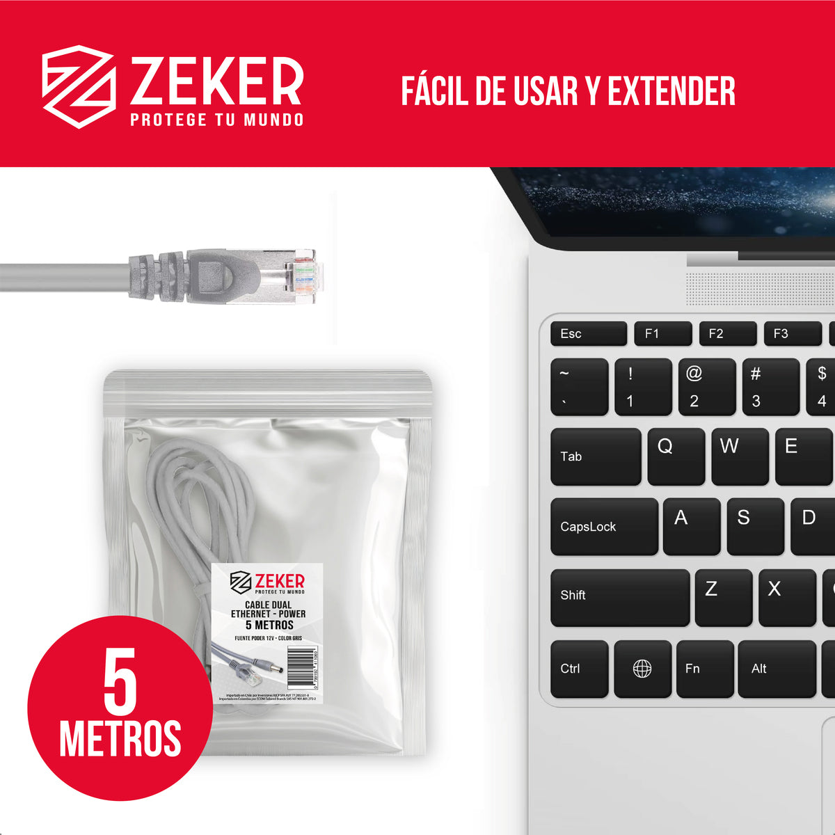 Cable Dual Camara Seguridad Zeker Extensor Poder Ethernet 5m