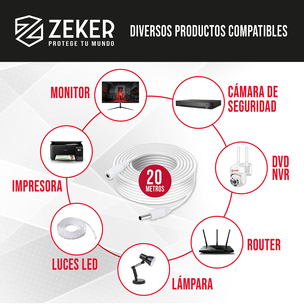 Cable Camara Seguridad Zeker Extensor Universal 20 Mts 12v